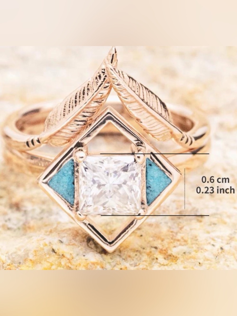 Gold Tone Turquoise Accent Square CZ Ring - Women Jewelry - Picture 2 of 9